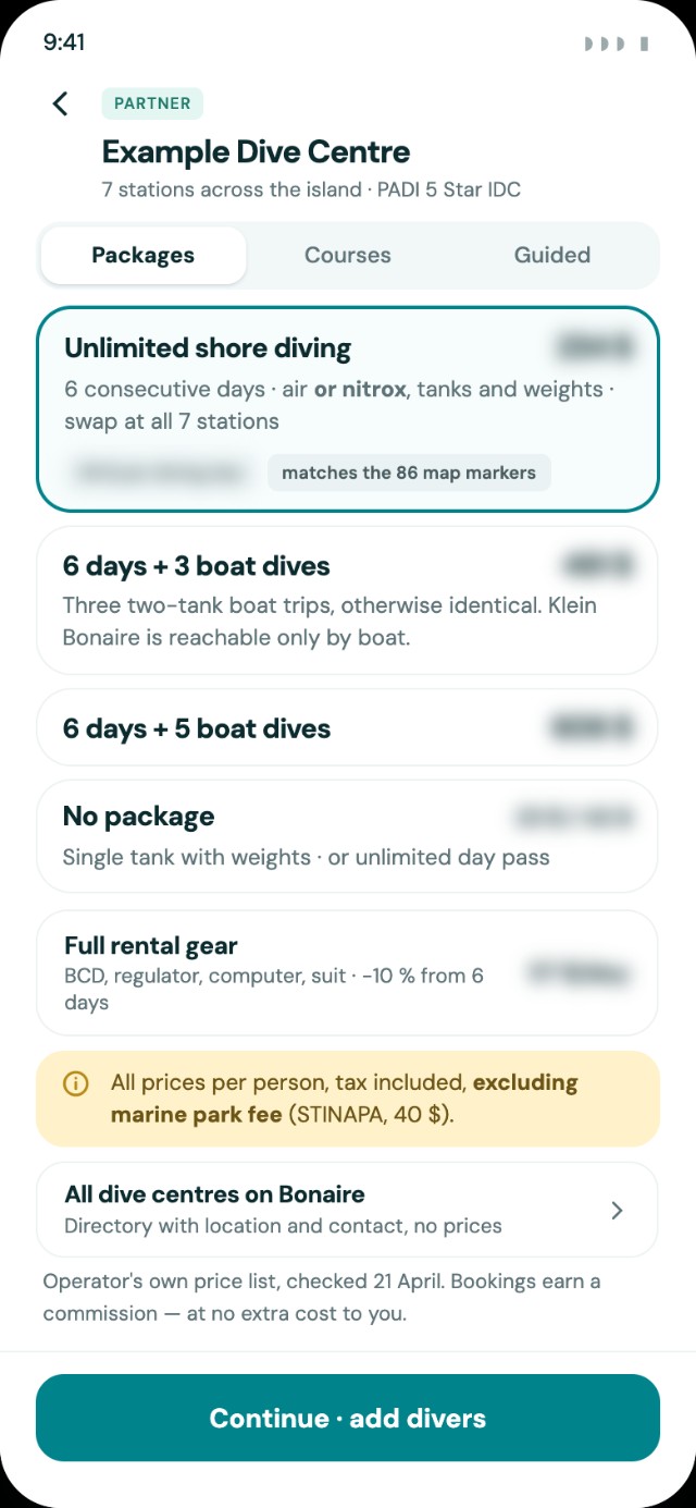 App screen showing a dive centre partner page with tank packages