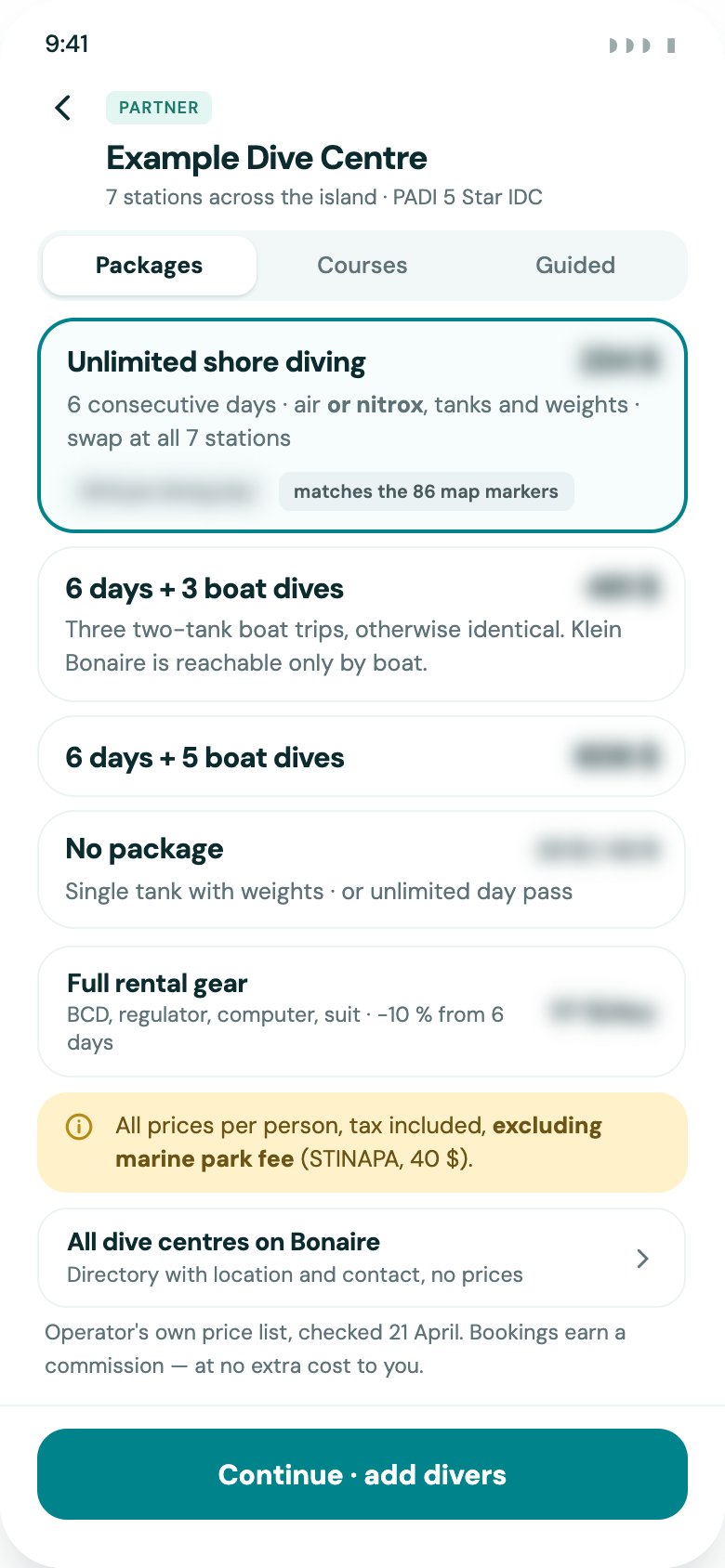App screen showing a dive centre partner page with tank packages
