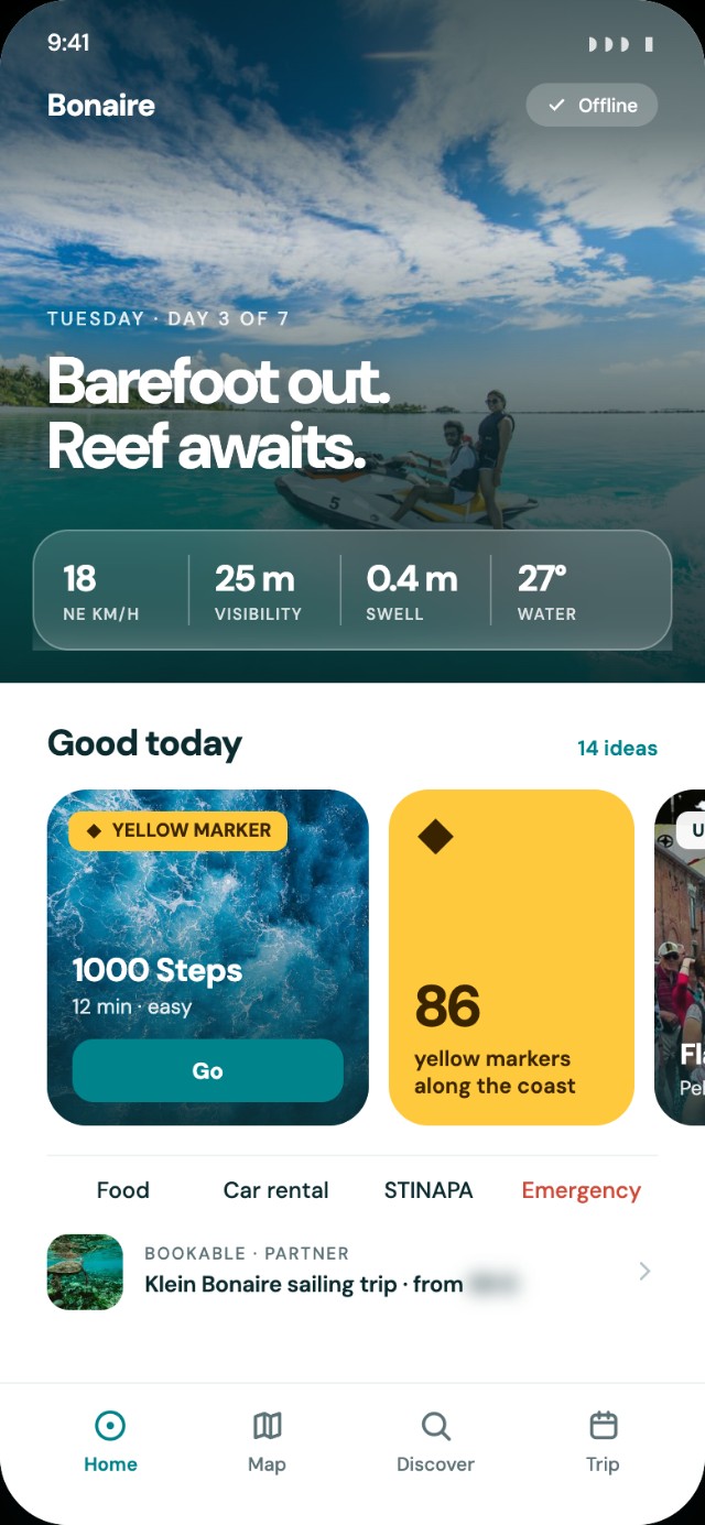 App home screen showing conditions, a nearby shore entry and today\u2019s ideas
