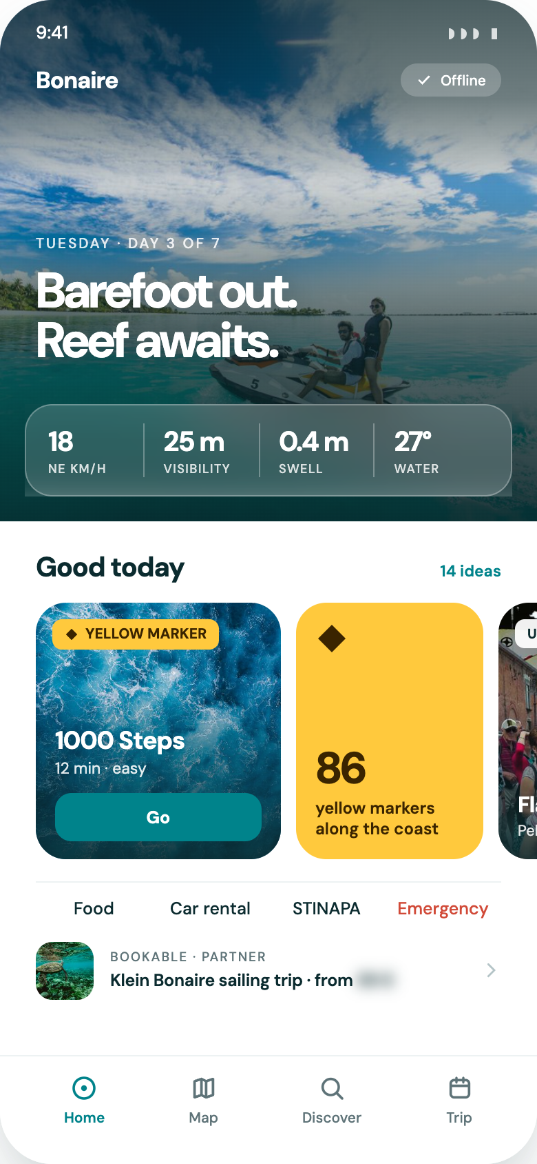 App home screen showing conditions, a nearby shore entry and today\u2019s ideas