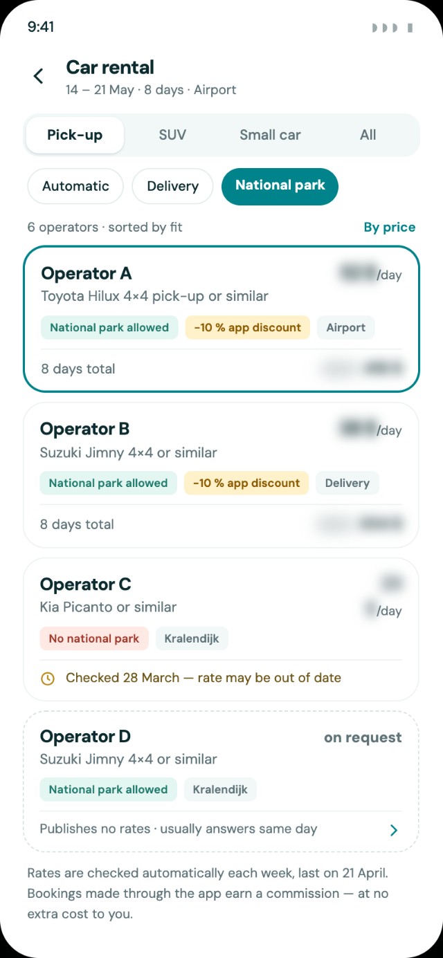 App screen comparing car rental operators on Bonaire, with rates blurred