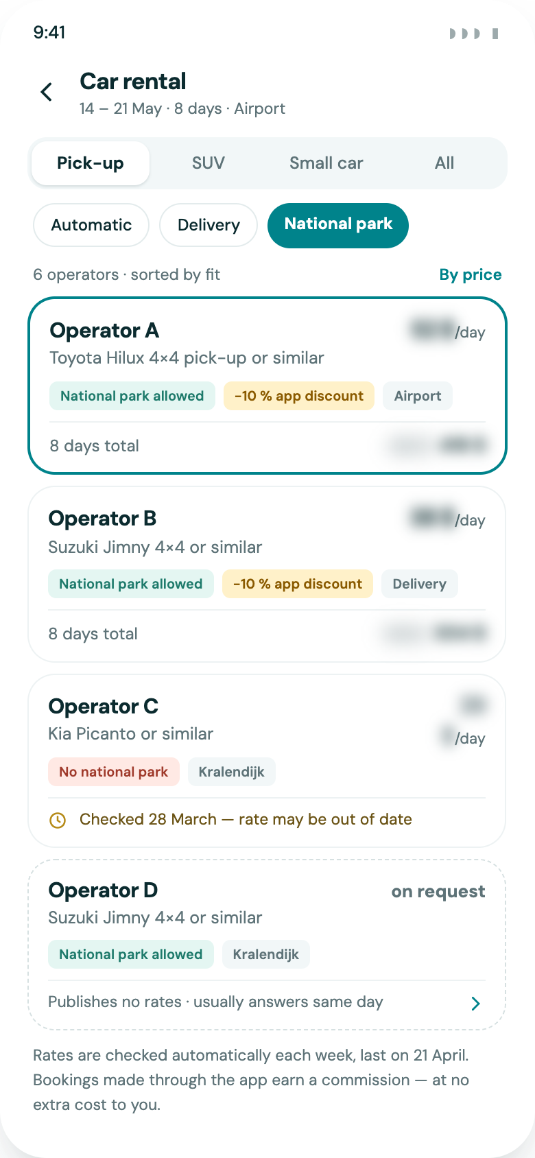 App screen comparing car rental operators on Bonaire, with rates blurred
